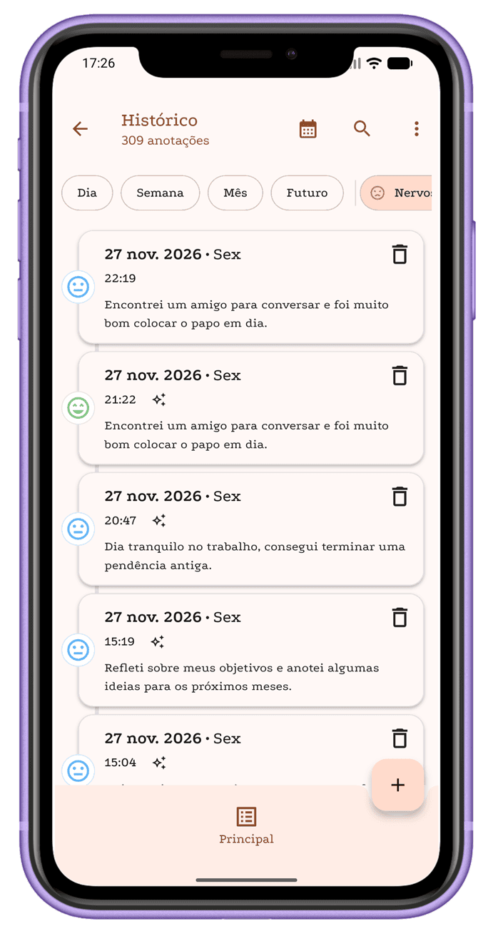 Tela de histórico com lista de anotações organizadas por data