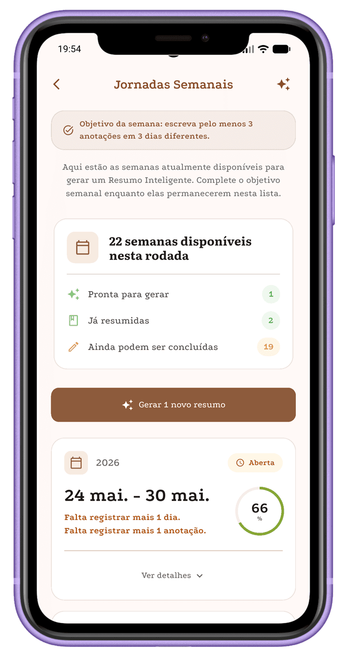 Tela de jornadas semanais com progresso da semana e botão para gerar resumo